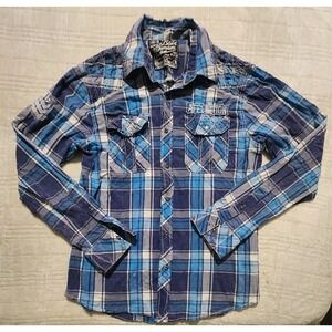 Affliction Buckle Mens Medium Embroidered Long Sleeve Button Up Blue Plaid Shirt